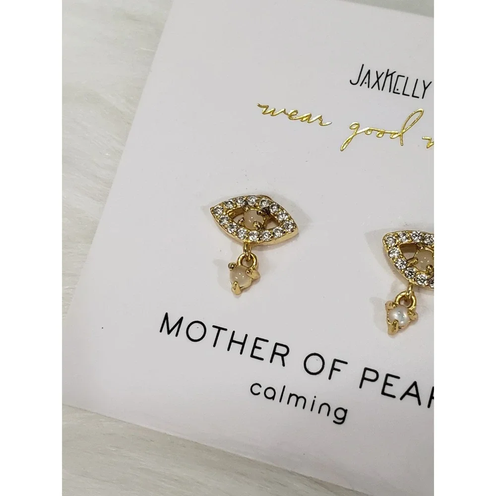 NEW JaxKelly Mother of Pearl Stud Earrings EVIL EYE dainty gold tone